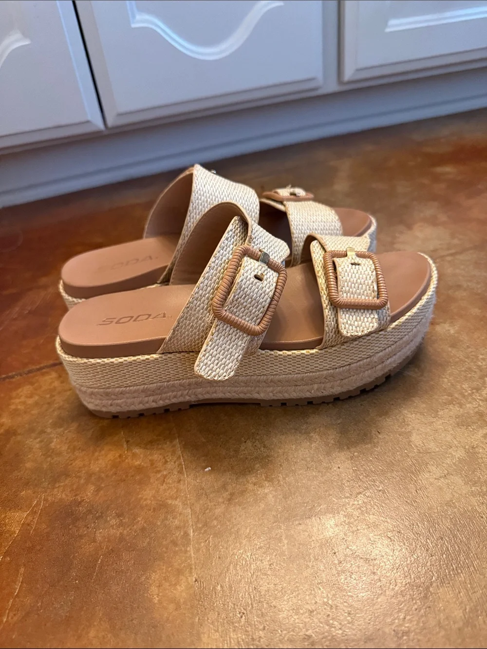 Soda Beige Woven Espadrille Platform Slide Sandals